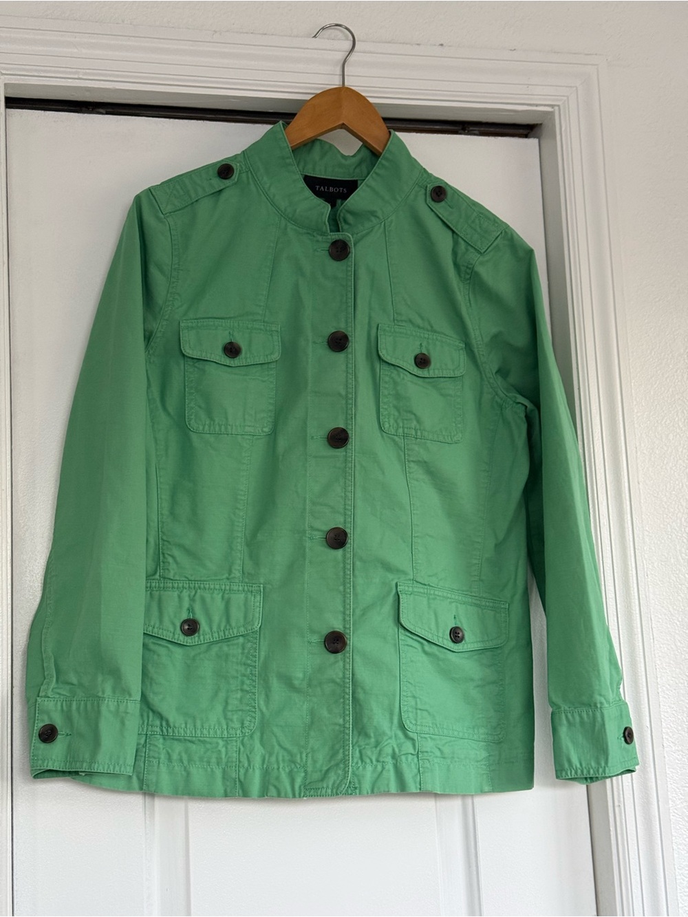 Talbots Bright Green Button-Front Utility Jacket. 100% cotton